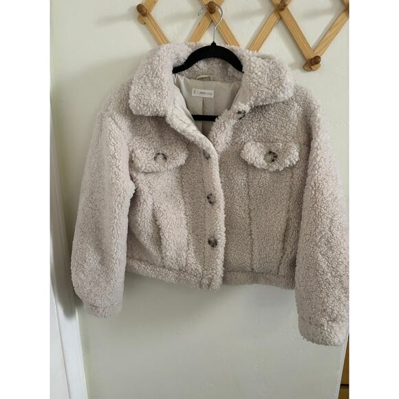 Mango Jacket Women's XS-S Beige Oversized Faux Shearling Cropped Button - Picture 2 of 10